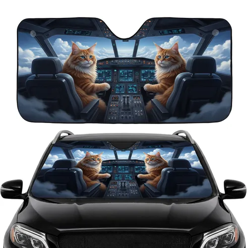 Ginger Maine Coon Cats Pilot Cockpit Blue Sky Clouds - Aviation Lover Gift Car Sunshade