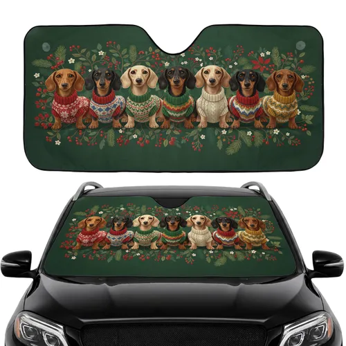 Seven Dachshunds Festive Sweaters Winter Floral - Christmas Holiday Gift for Dachshund Lover Car Sunshade
