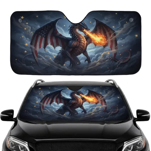Dragon American Flag Fire - Independence Day Gift for Veterans Car Sunshade