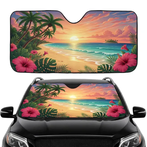 Tropical Beach Sunset Palm Trees Hibiscus Flowers - Beach Lover Gift Car Sunshade