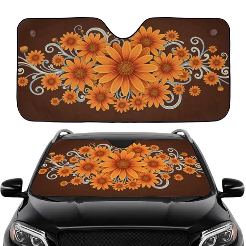 Deep Brown Background Daisy Bloom Cluster Organic Swirls Car Sunshade
