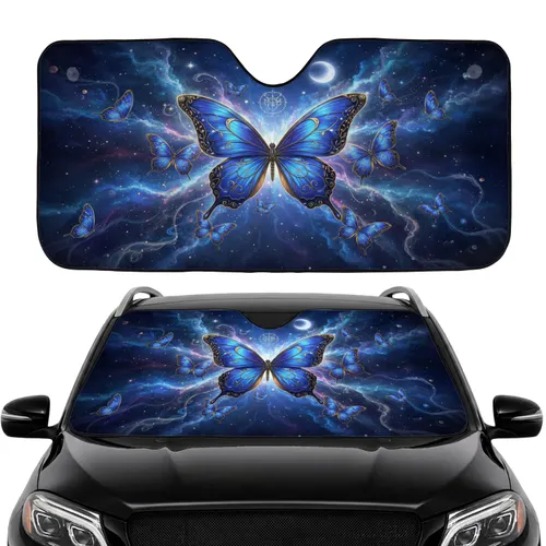 Ornate Butterflies Twinkling Stars Crescent Moon - Cosmic Fantasy Decor Gift Car Sunshade