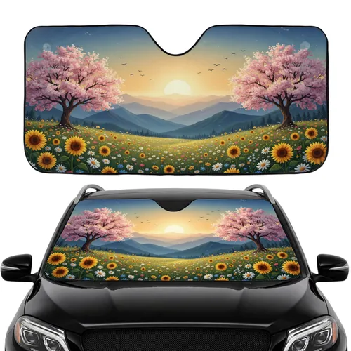 Wildflower Meadow Cherry Blossom Mountain Golden Sun - Nature Lover Gift Car Sunshade