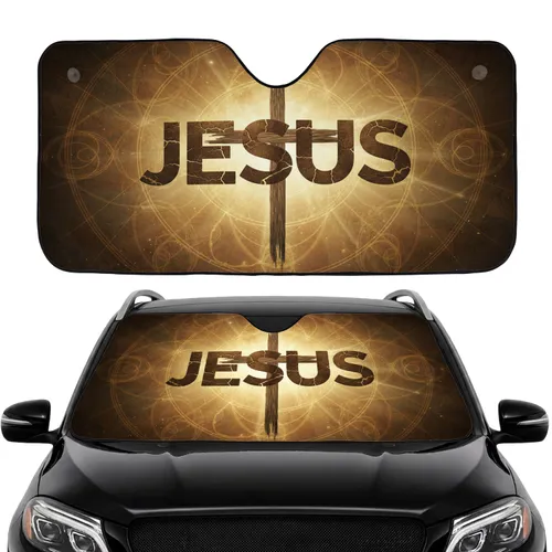 JESUS Cross Golden Celestial Light Rays - Christian Faith Lifestyle Gift Car Sunshade
