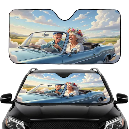 Laughing Couple Classic Convertible - Road Trip Gift for Grandparents Car Sunshade