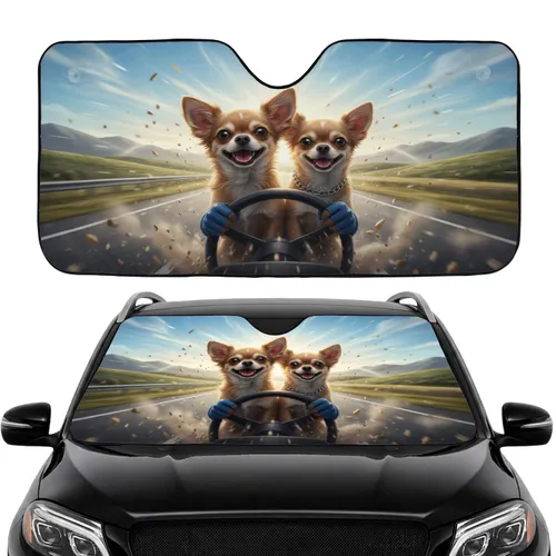 Chihuahua Dogs Driving Highway - Road Trip Adventure Gift for Dog Lovers Car Sunshade