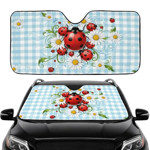 Red Ladybugs White Daisy Flowers Green Leaf Gingham Check - Everyday Car Accessory Gift Car Sunshade