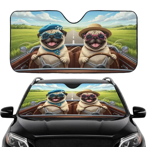 Jovial Pug Dogs Driving Convertible Car - Countryside Road Trip Dog Lover Gift Car Sunshade