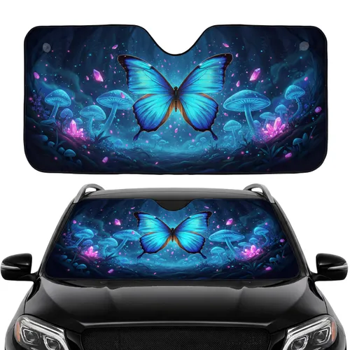Iridescent Morpho Butterfly Glowing Mushrooms Forest Night Car Decor Gift Car Sunshade