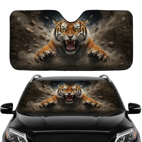 Powerful Bengal Tiger Roaring Fangs Shattered Rock Explosion - Wildlife Lover Gift Car Sunshade
