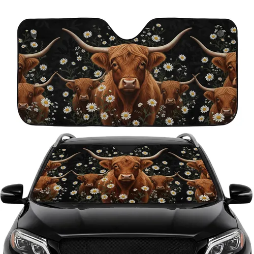 Highland Cow Wildflower Meadow - Farmhouse Decor Gift for Cow Lover Car Sunshade