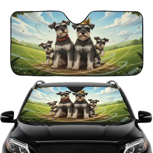 Realistic Crowned Schnauzer Family with PEPPER Collar Puppies - Dog Lover Gift Car Sunshade