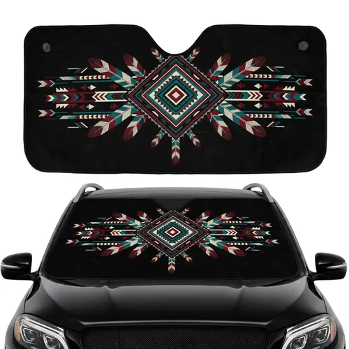 Southwestern Native Diamond Feather Arrowhead Zigzag - Car Interior Decor Car Sunshade
