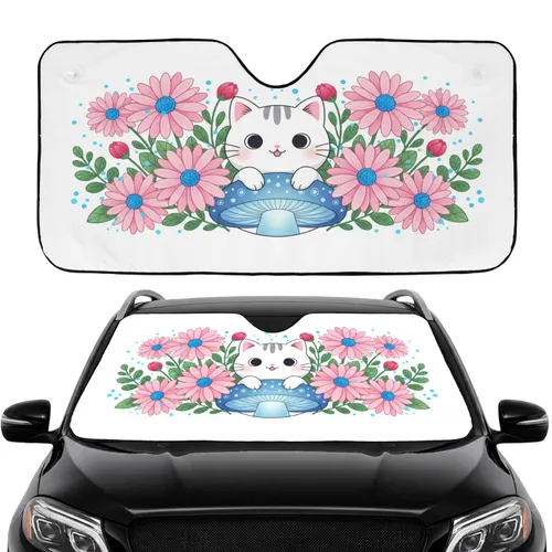 White Cat Pink Daisy Flowers Glowing Blue Mushroom Blue White Confetti - Cat Lover Car Decor Gift Car Sunshade