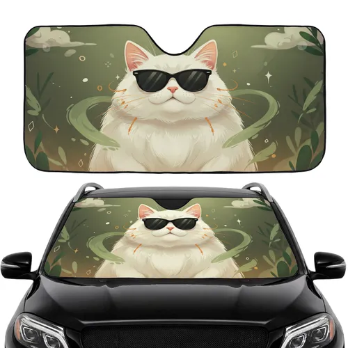 Plump White Cat Black Sunglasses Orange Whiskers Pink Ears Lush Greens - Cat Lover Gift Car Sunshade