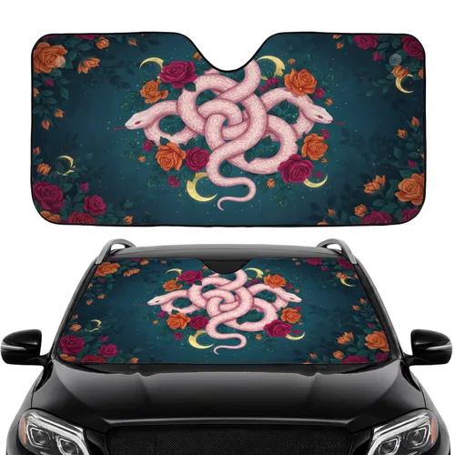 Winding Pink Snakes Glowing Moons Roses - Enchanted Garden Nocturnal Gift for Nature Lovers Car Sunshade