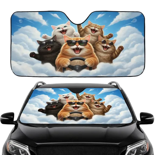 Chunky Cats in Sunglasses Driving Car - Cat Lover Travel Essentials Car Sunshade