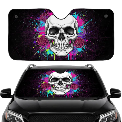 White Skull Neon Rose Heart Paint Splash - Alternative Lifestyle Gift Car Sunshade