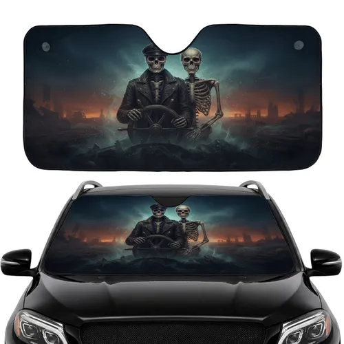 Weathered Skeletons Driving Vintage Wheel - Haunting Vehicle Interior Decor Car Sunshade