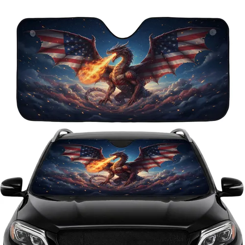 American Flag Dragon Fire - Patriotic Car Accessory for Dragon Lover Car Sunshade