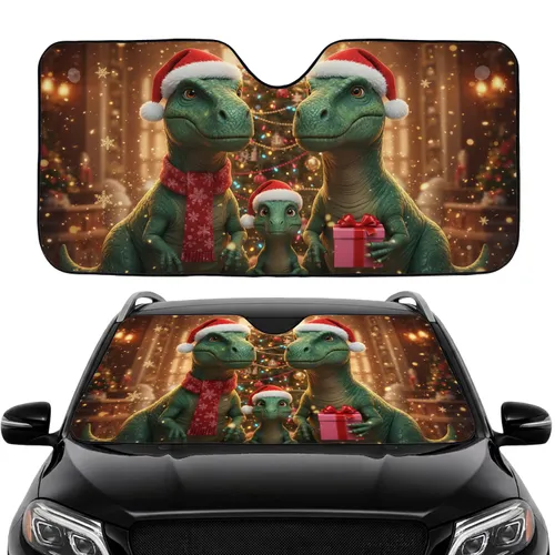 Green Dinosaurs Santa Hats Christmas Tree Snowflakes - Holiday Christmas Gift Car Sunshade