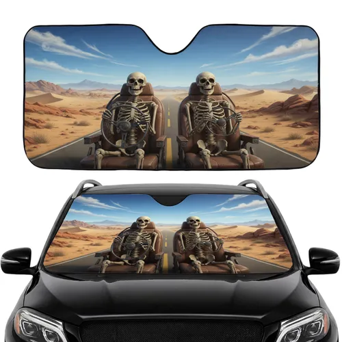 Grinning Skeletons Desert Road Trip - Travel Essentials Gift for Road Trip Lover Car Sunshade