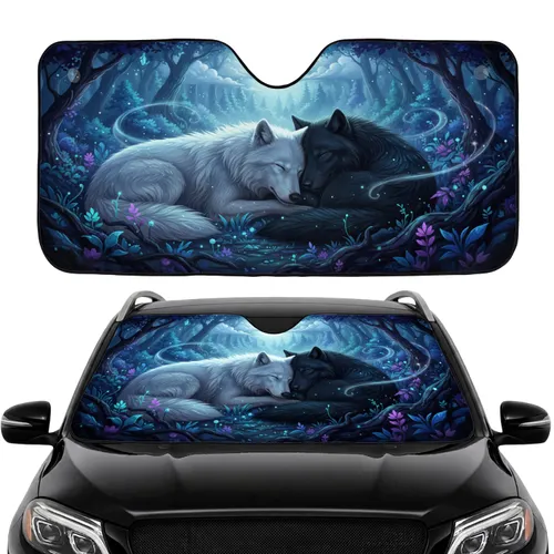 Slumbering Wolves Enchanted Forest Full Moon Night - Fantasy Nature Decor Car Sunshade