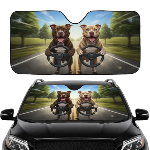 Pit Bull Dogs Driving Steering Wheel Road Trip - Dog Lover Car Travel Gift Car Sunshade