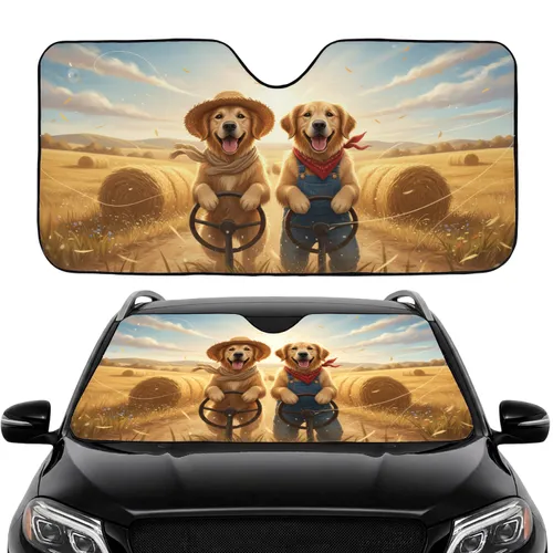 Golden Retrievers Straw Hat Overalls Hay Bales Country Road Trip - Dog Lover Gift Car Sunshade
