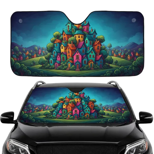 Village Houses Stacked Hillsides Green Trees Deep Blue Sky - Car Decor Gift Car Sunshade