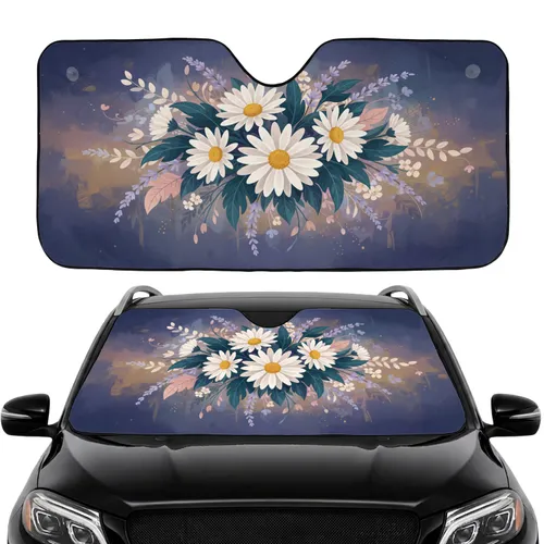 White Daisy Lavender Bouquet Dark Teal Leaf Floral - Nature Lover Car Decor Gift Car Sunshade