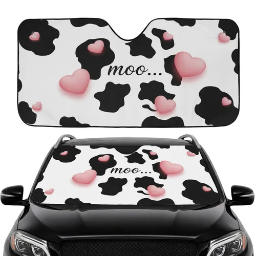 Black Cow Print Pink Hearts Moo Script - Farmhouse Decor Gift for Cow Lover Car Sunshade