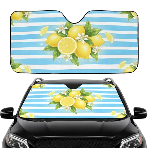 Ripe Whole Lemons Lemon Slices Green Leaves White Blossoms Sky Blue Stripes - Fruit Lover Gift Car Sunshade