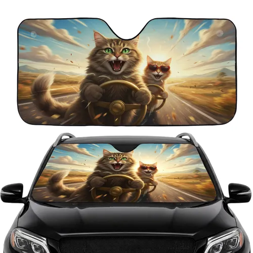 Tabby Cat Roaring Ginger Cat Driving Adventure - Cat Lover Gift Car Sunshade