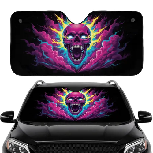 Screaming Iridescent Magenta Cyan Skull Glowing Eyes - Dark Fantasy Lover Gift Car Sunshade