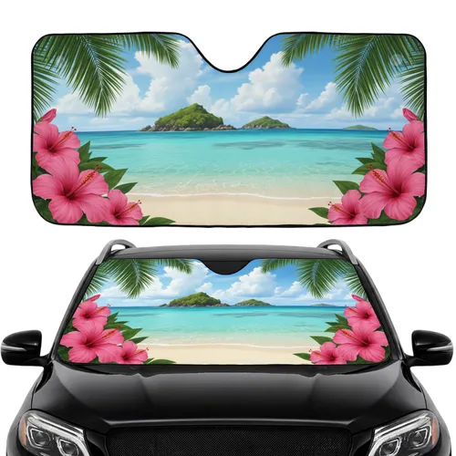 Tropical Beach Hibiscus Palm Fronds Ocean Scene - Summer Travel Essentials Gift Car Sunshade