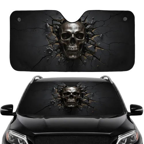 Menacing Metallic Skull Tarnished Bronze Silver Cracked Concrete Wall - Halloween Car Decor Gift Car Sunshade