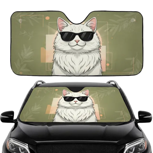 Fluffy White Cat Black Sunglasses Light Rays - Car Decor Gift for Cat Owners Car Sunshade