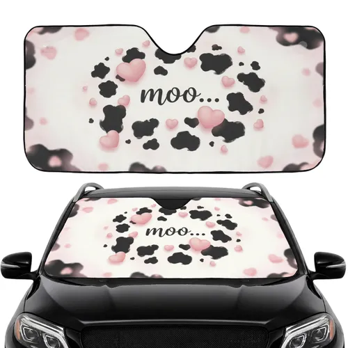 Charcoal Cowhide Spots Pink Hearts Moo - Farmhouse Decor Gift for Cow Lover Car Sunshade