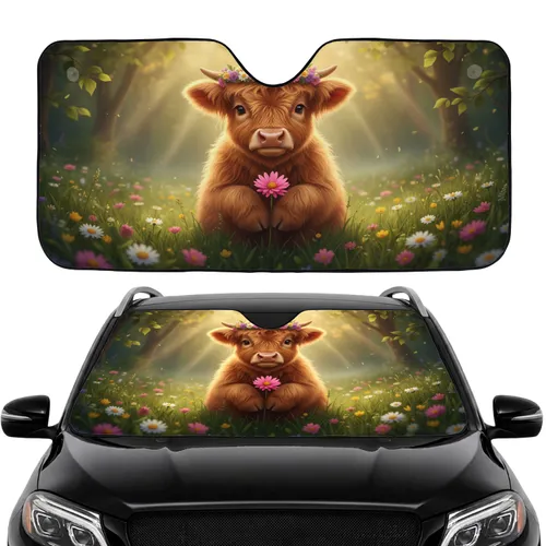 Fluffy Baby Highland Cow Wildflower Wreath Meadow - Farmhouse Decor Gift for Cow Lover Car Sunshade