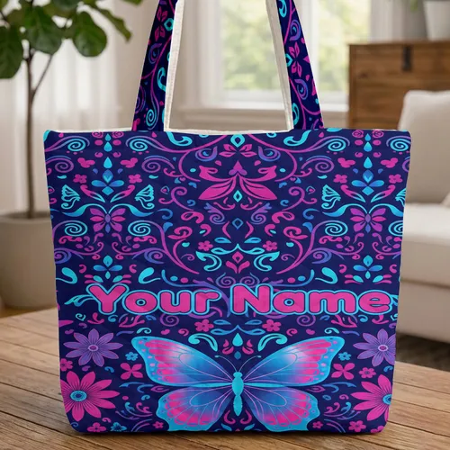 Iridescent Butterfly Swirling Foliage Floral Your Name - Butterfly Lover Everyday Gift Quilted Tote Bag