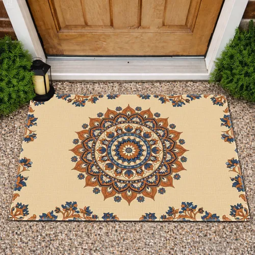 Mandala Lotus Floral Vines Blue Flowers Orange Blossoms Boho - Outdoor Home Decor Gift Doormat