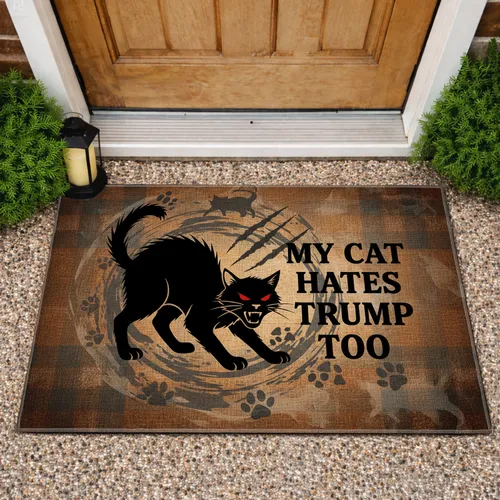 Black Cat Hates Trump Text - Political Statement Decor for Cat Lover Doormat