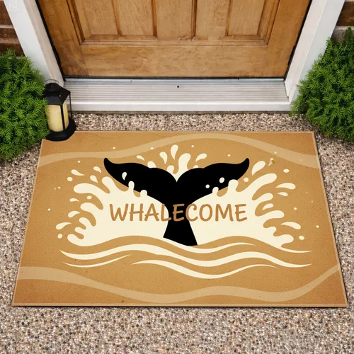 Large Black Whale Tail Fluke Whalecome - Water Ripples Home Decor Gift for Wildlife Lover Doormat