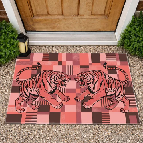 Two Roaring Snarling Tigers Facing Duality Plaid - Wildlife Home Decor Display Gift Doormat