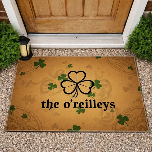 Custom Family Name Black Outline Shamrock Celtic Knot - Irish Heritage Home Decor Gift for Family Doormat