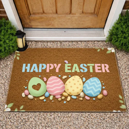 Happy Easter Text Decorated Eggs Jelly Beans White Flowers Spring Foliage - Easter Celebration Doormat