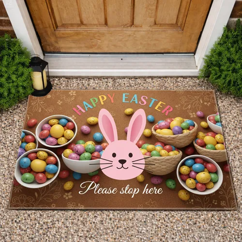 Pink Easter Bunny Happy Easter Please Stop Here Eggs Floral Field - Easter Holiday Decor Doormat