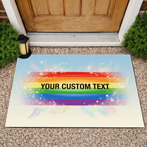 Custom Text Striped Rainbow Text Iridescent Pastel Wisps Celebration Display Doormat