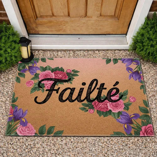 Failte Welcome Woven Coir Floral Roses Iris Greenery - Home Decor Gift Doormat